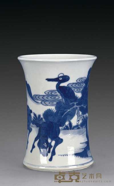 清康熙 青花松鹿纹笔筒 10.3×14.3cm